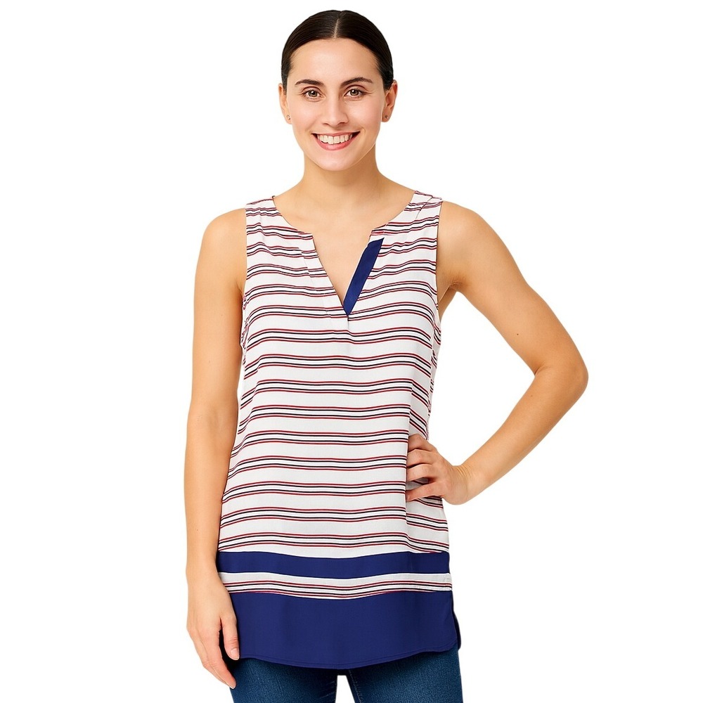 THML Tunic Top Petite XS Red White Stripes Blue Accent‎ Sleeveless V-Neck